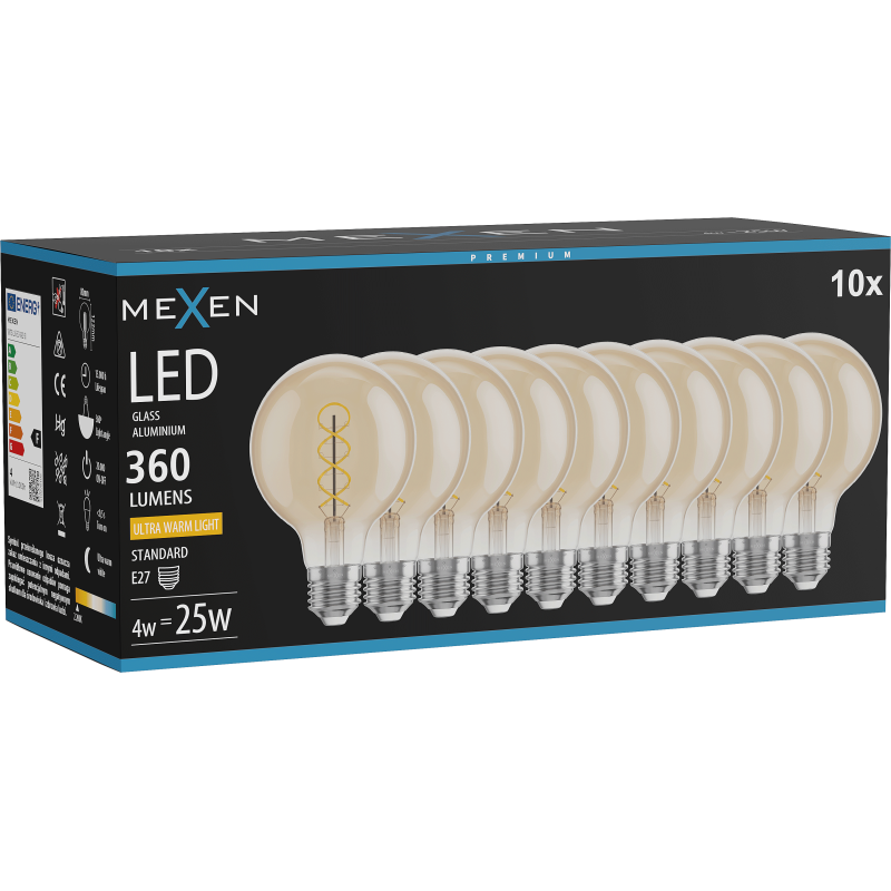 Mexen Vintis 10x LED E27 kvēldiega spirāles spuldze, G80, 4W, Silta - 2200K, 360 lm, dzintara - L165-E27-0422-50x10
