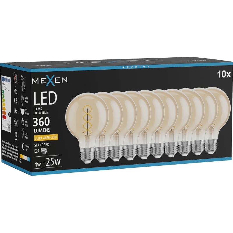 Mexen Vintis 10x LED-filament spiraallamp E27, G80, 4W, Warm - 2200K, 360 lm, amber - L165-E27-0422-50x10
