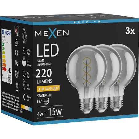 Mexen Vintis 3x LED žarnica filament spirala E27, G80, 4W, Topla - 2200K, 220 lm, dimljeno - L165-E27-0422-70x03