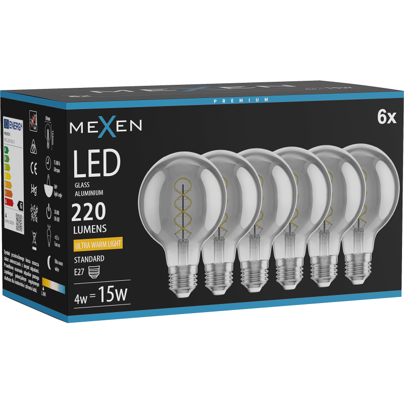 Mexen Vintis 6x LED spuldze ar filamenta spirāli E27, G80, 4W, Silta - 2200K, 220 lm, dūmakaina - L165-E27-0422-70x06