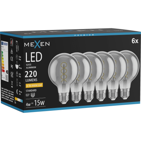 Mexen Vintis 6x LED spuldze ar filamenta spirāli E27, G80, 4W, Silta - 2200K, 220 lm, dūmakaina - L165-E27-0422-70x06