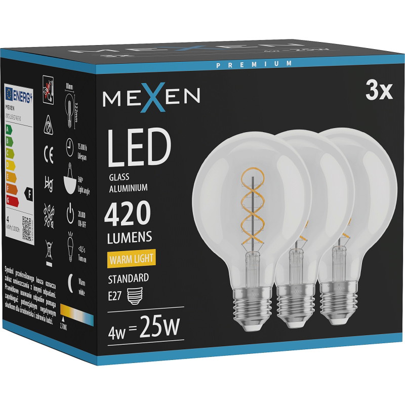Mexen Vintis 3x Filamenttikierre LED-lamppu E27, G80, 4W, Lämmin - 2700K, 420 lm, kirkas - L165-E27-0427-00x03