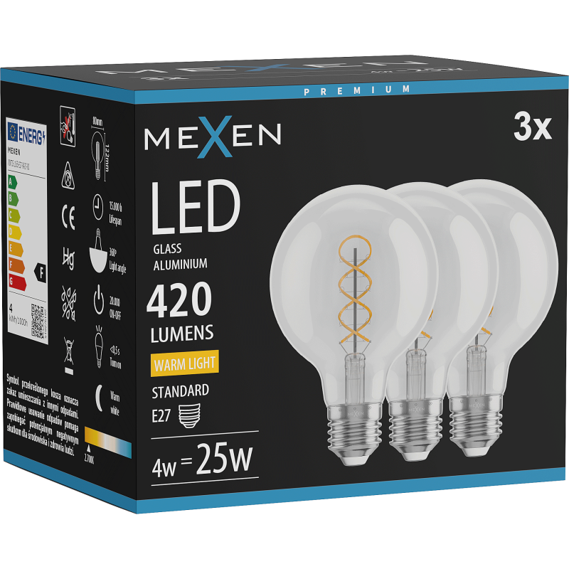 Mexen Vintis 3x LED spirāles kvēldiega spuldze E27, G80, 4W, Silta - 2700K, 420 lm, caurspīdīga - L165-E27-0427-00x03