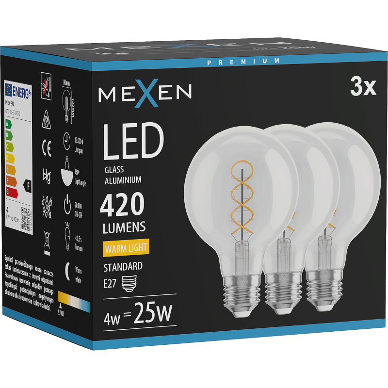 Mexen Vintis 3x żarówka filament spirala LED E27, G80, 4W, Ciepła - 2700K, 420 lm, clear - L165-E27-0427-00x03