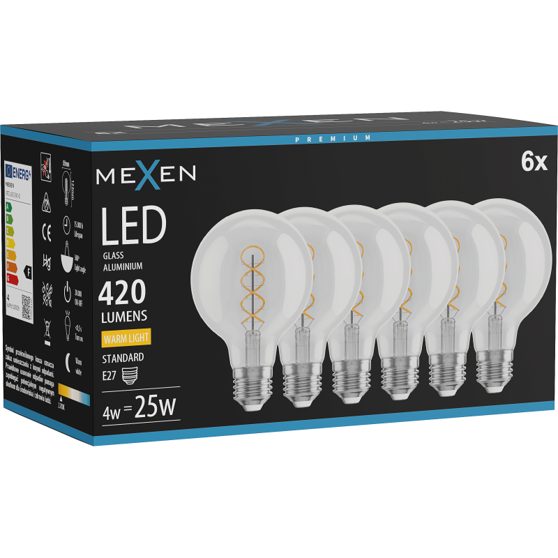 Mexen Vintis 6x Λάμπα νήματος σπειροειδής LED E27, G80, 4W, Θερμό - 2700K, 420 lm, καθαρό