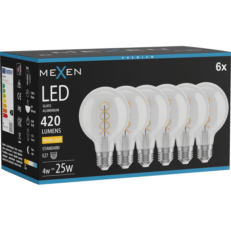 Mexen Vintis 6x LED filament gloeilamp spiraal E27, G80, 4W, Warm - 2700K, 420 lm, helder - L165-E27-0427-00x06