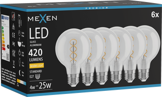 Mexen Vintis 6x LED-filament-pirn E27, G80, 4W, Soe - 2700K, 420 lm, läbipaistev - L165-E27-0427-00x06