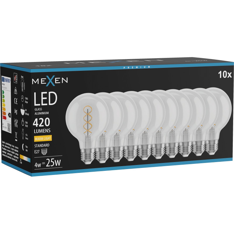 Mexen Vintis 10x lampadina a filamento a spirale LED E27, G80, 4W, Calda - 2700K, 420 lm, trasparente - L165-E27-0427-00x10