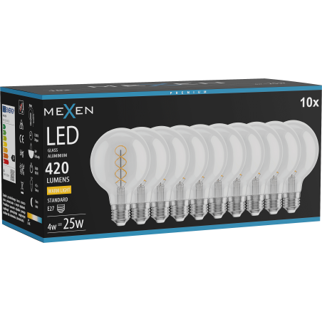 Mexen Vintis 10x LED-filamentlampa spiral E27, G80, 4W, Varm - 2700K, 420 lm, klar - L165-E27-0427-00x10