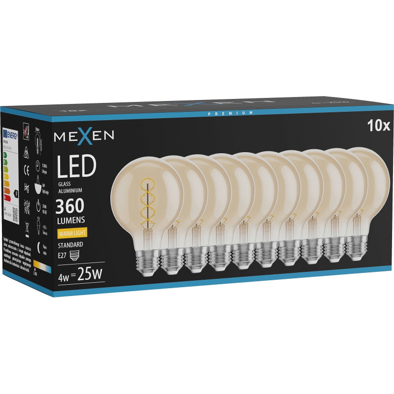 Mexen Vintis 10x Lampadina filamento spirale LED E27, G80, 4W, Calda - 2700K, 360 lm, ambra - L165-E27-0427-50x10
