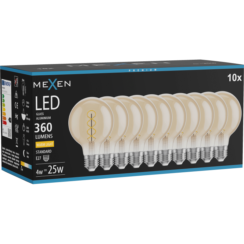 Mexen Vintis 10x LED filament spirala žarnica E27, G80, 4W, topla - 2700K, 360 lm, jantarna - L165-E27-0427-50x10