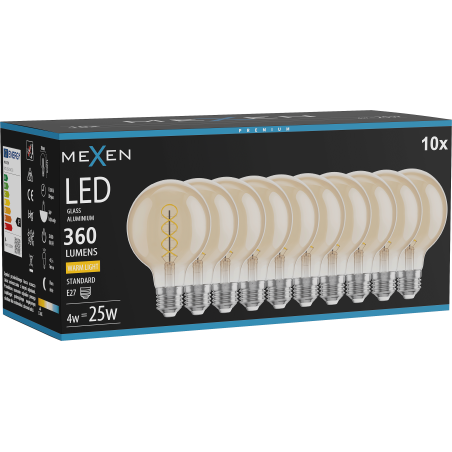 Mexen Vintis 10x Ampoule filament spirale LED E27, G80, 4W, Chaude - 2700K, 360 lm, ambre - L165-E27-0427-50x10