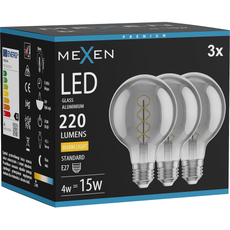 Mexen Vintis 3x Λάμπα νήματος σπείρα LED E27, G80, 4W, Θερμό - 2700K, 220 lm, καπνιστό