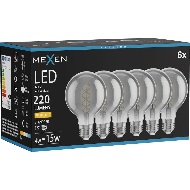 Mexen Vintis 6x LED-Filament-Spirale Glühbirne E27, G80, 4W, Warm - 2700K, 220 lm, Rauch - L165-E27-0427-70x06