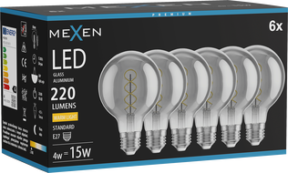 Mexen Vintis 6x LED-filament-spiraallamp E27, G80, 4W, Soe - 2700K, 220 lm, suits - L165-E27-0427-70x06