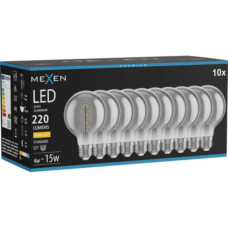 Mexen Vintis 10x Gloeilamp filament spiraal LED E27, G80, 4W, Warm - 2700K, 220 lm, rook - L165-E27-0427-70x10
