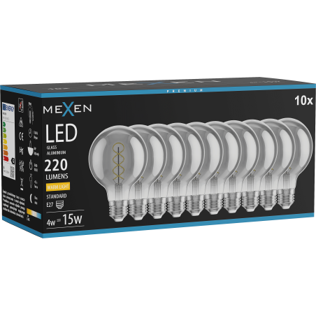 Mexen Vintis 10x LED filament spiralna žarnica E27, G80, 4W, Topla - 2700K, 220 lm, dimljena - L165-E27-0427-70x10