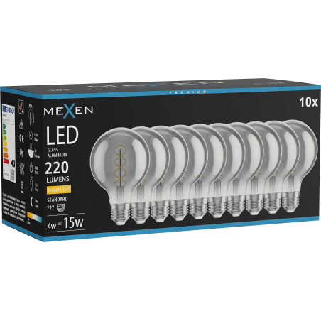 Mexen Vintis 10x LED-glödlampa spiral E27, G80, 4W, Varm - 2700K, 220 lm, rök - L165-E27-0427-70x10