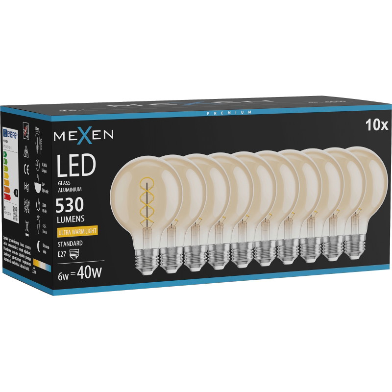 Mexen Vintis 10x filamenttikierre-LED-lamppu E27, G80, 6W, Lämmin - 2200K, 530 lm, meripihkanvärinen - L165-E27-0622-50x10