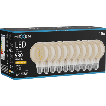 Mexen Vintis 10x lampadina a spirale LED filament E27, G80, 6W, Calda - 2200K, 530 lm, ambrata - L165-E27-0622-50x10