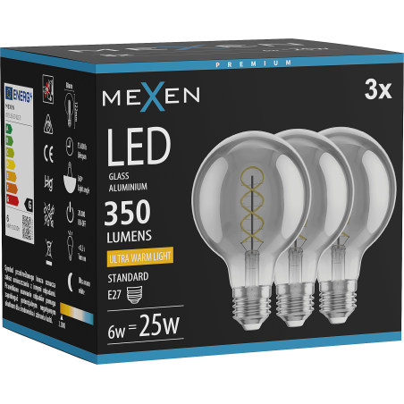 Mexen Vintis 3x Filament-Glühbirne Spirale LED E27, G80, 6W, Warm - 2200K, 350 lm, Smoke - L165-E27-0622-70x03
