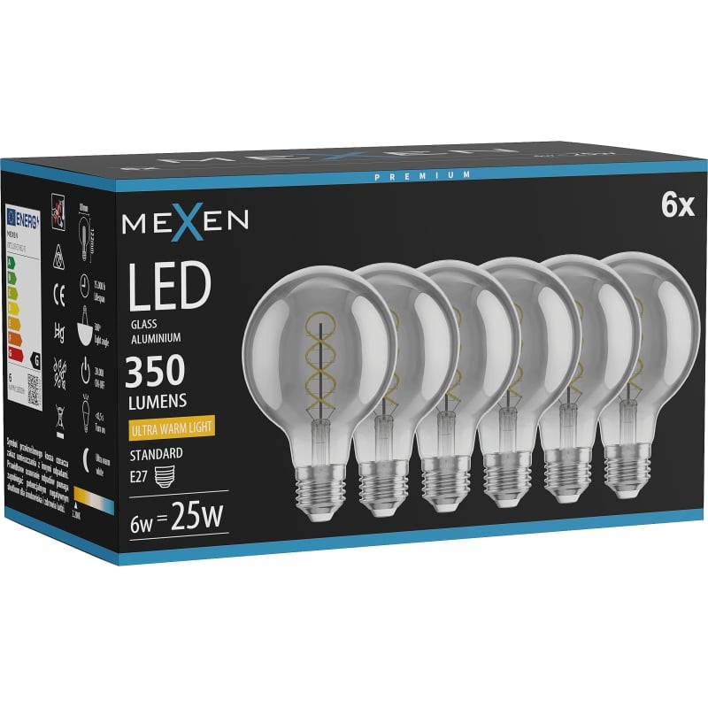 Mexen Vintis 6x LED-filamentlampa spiral E27, G80, 6W, Varm - 2200K, 350 lm, rök - L165-E27-0622-70x06