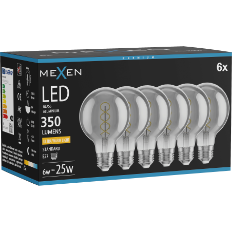Mexen Vintis 6x Filament-Glühbirne Spirale LED E27, G80, 6W, Warm - 2200K, 350 lm, Smoke - L165-E27-0622-70x06