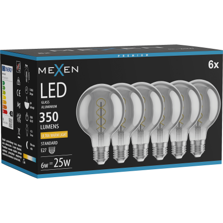 Mexen Vintis 6x spuldze filament spirāle LED E27, G80, 6W, Silta - 2200K, 350 lm, dūmu - L165-E27-0622-70x06