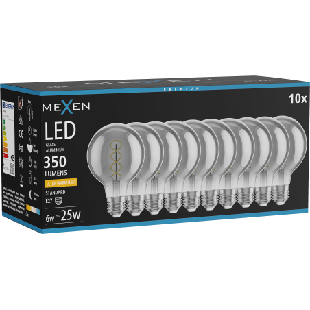 Mexen Vintis 10x LED E27 filamenttikierrelamppu, G80, 6W, Lämmin - 2200K, 350 lm, savu - L165-E27-0622-70x10