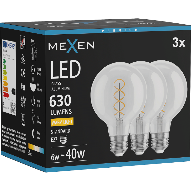 Mexen Vintis 3x żarówka filament spirala LED E27, G80, 6W, Ciepła - 2700K, 630 lm, clear - L165-E27-0627-00x03