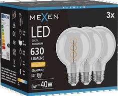 Mexen Vintis 3x LED spirālveida kvēldiega spuldze E27, G80, 6W, Silta - 2700K, 630 lm, caurspīdīga - L165-E27-0627-00x03