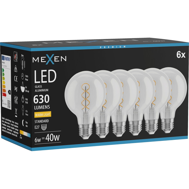Mexen Vintis 6x LED filament spiraallamp E27, G80, 6W, Warm - 2700K, 630 lm, helder - L165-E27-0627-00x06