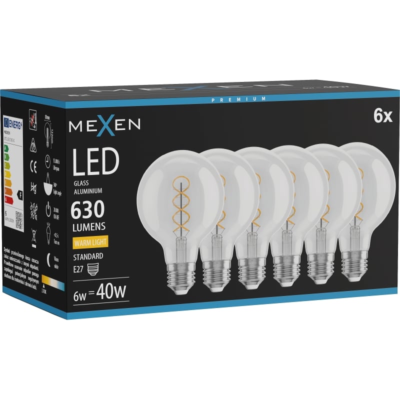 Mexen Vintis 6x LED-filamentlampa spiral E27, G80, 6W, Varm - 2700K, 630 lm, klar - L165-E27-0627-00x06