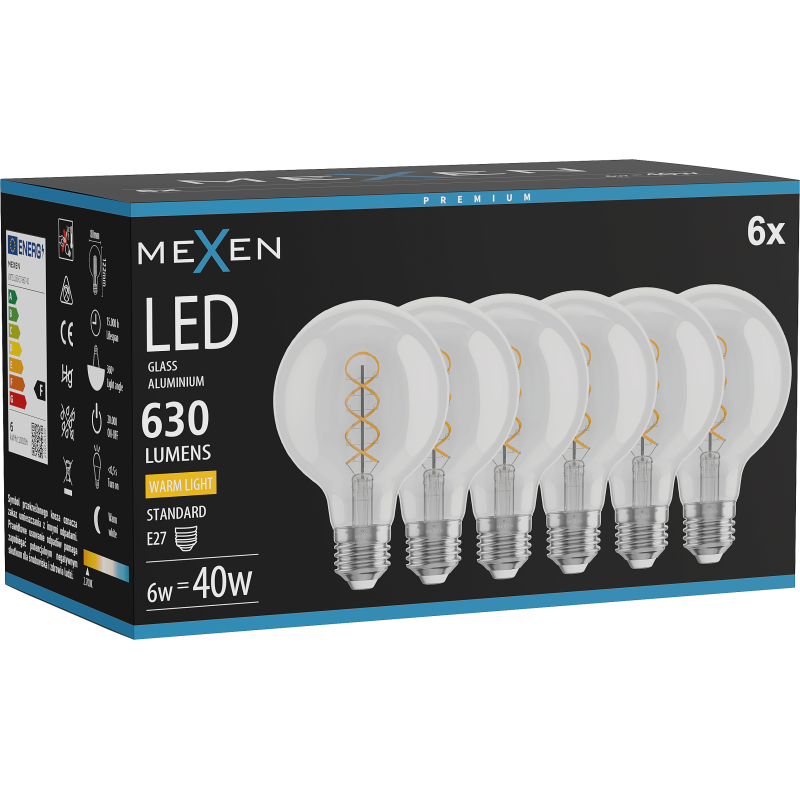 Mexen Vintis 6x żarówka filament spirala LED E27, G80, 6W, Ciepła - 2700K, 630 lm, clear - L165-E27-0627-00x06