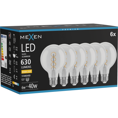 Mexen Vintis 6x LED spuldze spirālveida kvēldiegs E27, G80, 6W, Silta - 2700K, 630 lm, caurspīdīga - L165-E27-0627-00x06