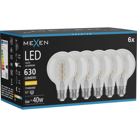 Mexen Vintis 6x żarówka filament spirala LED E27, G80, 6W, Ciepła - 2700K, 630 lm, clear - L165-E27-0627-00x06