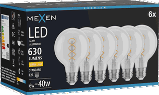 Mexen Vintis 6x LED spuldze spirālveida kvēldiegs E27, G80, 6W, Silta - 2700K, 630 lm, caurspīdīga - L165-E27-0627-00x06