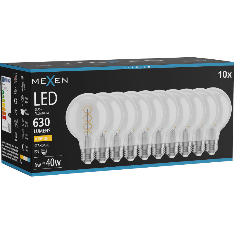 Mexen Vintis 10x LED E27 spuldzes ar spirālveida pavedienu, G80, 6W, Silta - 2700K, 630 lm, caurspīdīga - L165-E27-0627-00x10