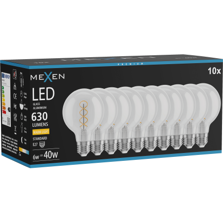 Mexen Vintis 10x LED filamentlampa spiral E27, G80, 6W, Varm - 2700K, 630 lm, klar - L165-E27-0627-00x10