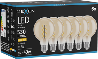 Mexen Vintis 6x LED Filament Spiralbirne E27, G80, 6W, Warm - 2700K, 530 lm, amber - L165-E27-0627-50x06