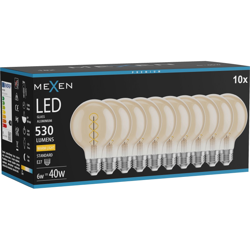 Mexen Vintis 10x Lampadina LED a spirale a filamento E27, G80, 6W, Calda - 2700K, 530 lm, ambra - L165-E27-0627-50x10