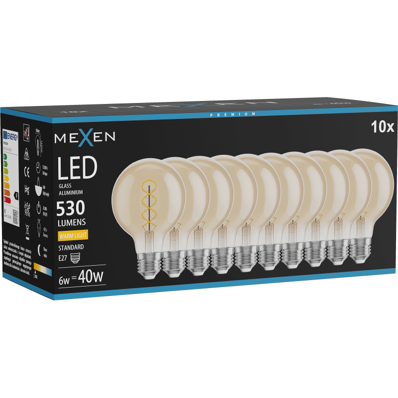 Mexen Vintis 10x LED kvēldiega spirāles spuldze E27, G80, 6W, Silts - 2700K, 530 lm, dzintars - L165-E27-0627-50x10