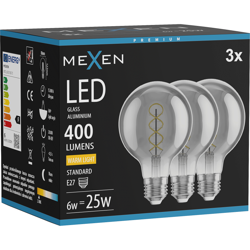 Mexen Vintis 3x żarówka filament spirala LED E27, G80, 6W, Ciepła - 2700K, 400 lm, smoke - L165-E27-0627-70x03