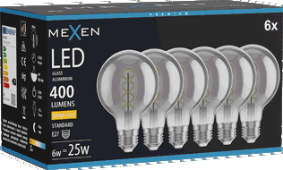 Mexen Vintis 6x LED spuldze filament spirāla E27, G80, 6W, Silta - 2700K, 400 lm, dūmu - L165-E27-0627-70x06