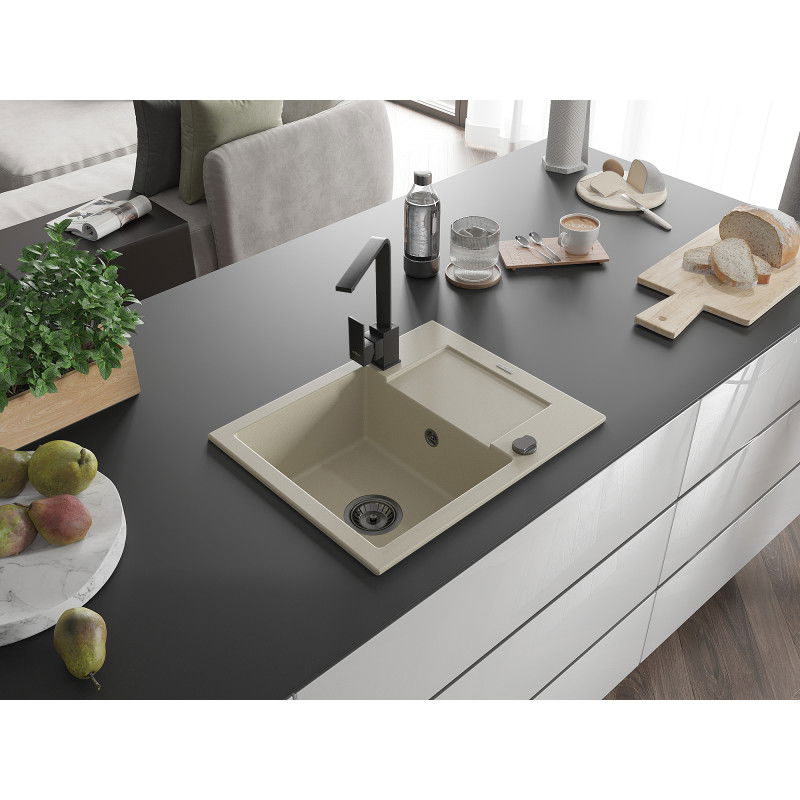 Mexen Enzo lavello in granito a 1 vasca con sgocciolatoio e rubinetto da cucina Rita, beige - 6506-69-670300-70