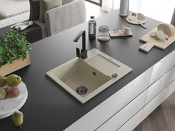 Mexen Enzo 1-bowl granite sink with drainer and kitchen faucet Rita, beige - 6506-69-670300-70