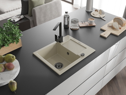 Mexen Enzo lavello in granito a 1 vasca con sgocciolatoio e rubinetto da cucina Rita, beige - 6506-69-670300-70