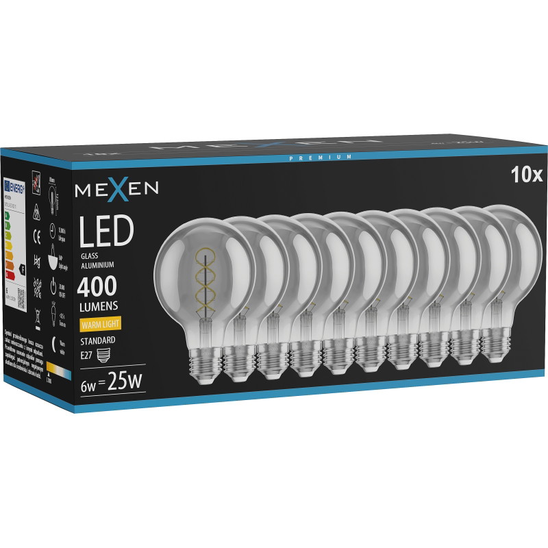 Mexen Vintis 10x LED-filamenttilamppu spiraali E27, G80, 6W, Lämmin - 2700K, 400 lm, savu - L165-E27-0627-70x10