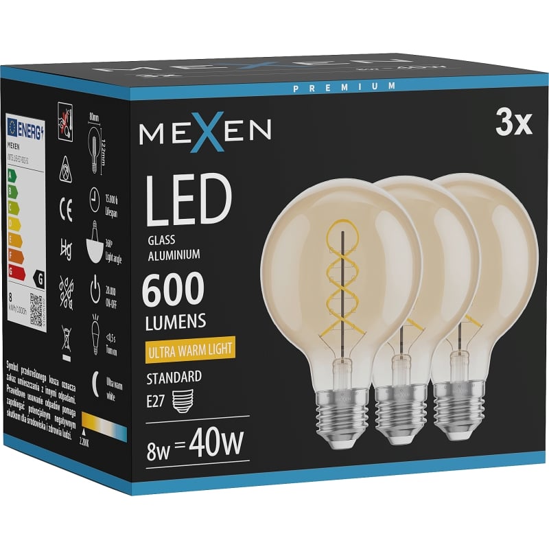 Mexen Vintis 3x Lampadina a filamento a spirale LED E27, G80, 8W, Calda - 2200K, 600 lm, ambra - L165-E27-0822-50x03