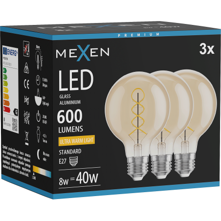 Mexen Vintis 3x żarówka filament spirala LED E27, G80, 8W, Ciepła - 2200K, 600 lm, amber - L165-E27-0822-50x03